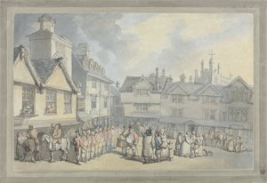 Een recensie op een marktplein door Thomas Rowlandson
